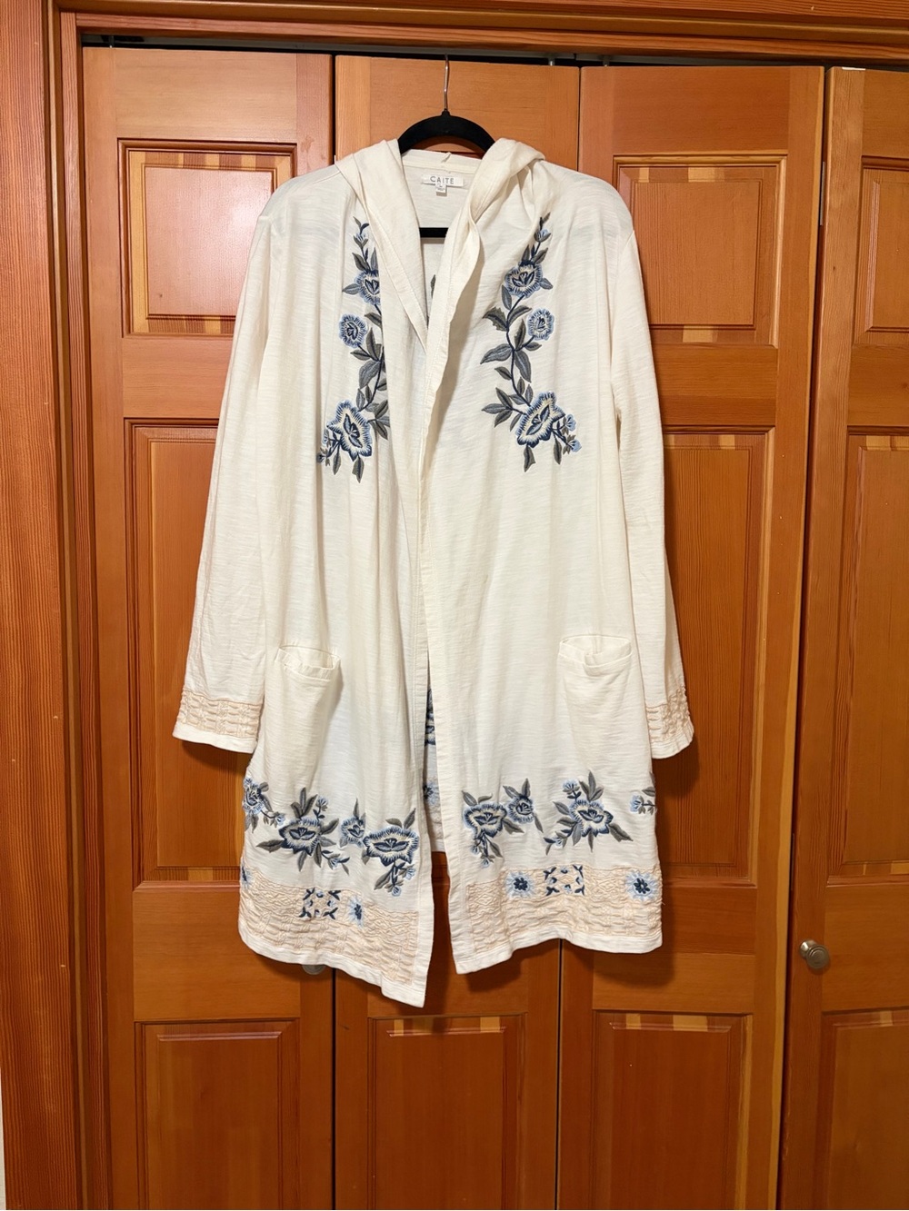 Caite Ivory Hooded Duster with Blue Floral Embroidery  Size M